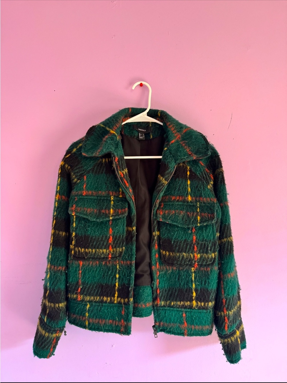 Forever 21 Green Plaid Teddy Jacket